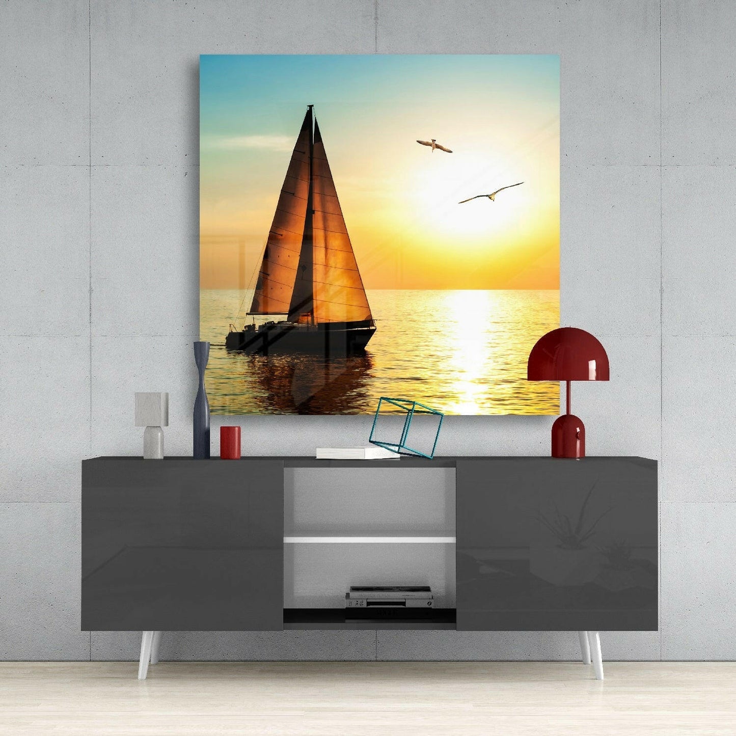 Sailboat and Seagulls Golden Sunset Glass Wall Art