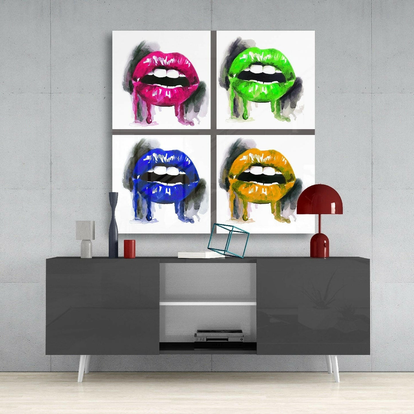 Four Dripping Neon Lips Pop Glass Wall Art