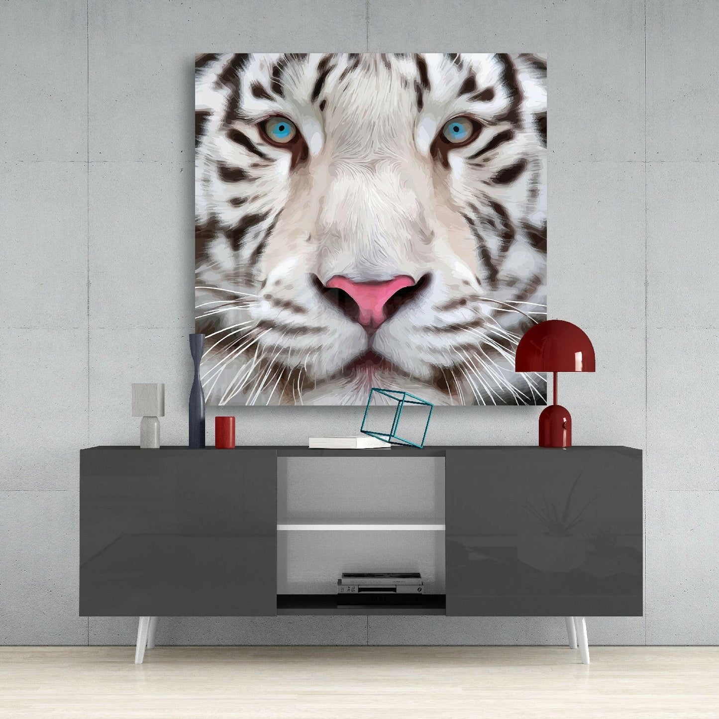 Blue Eyed White Tiger Closeup Glass Wall Art