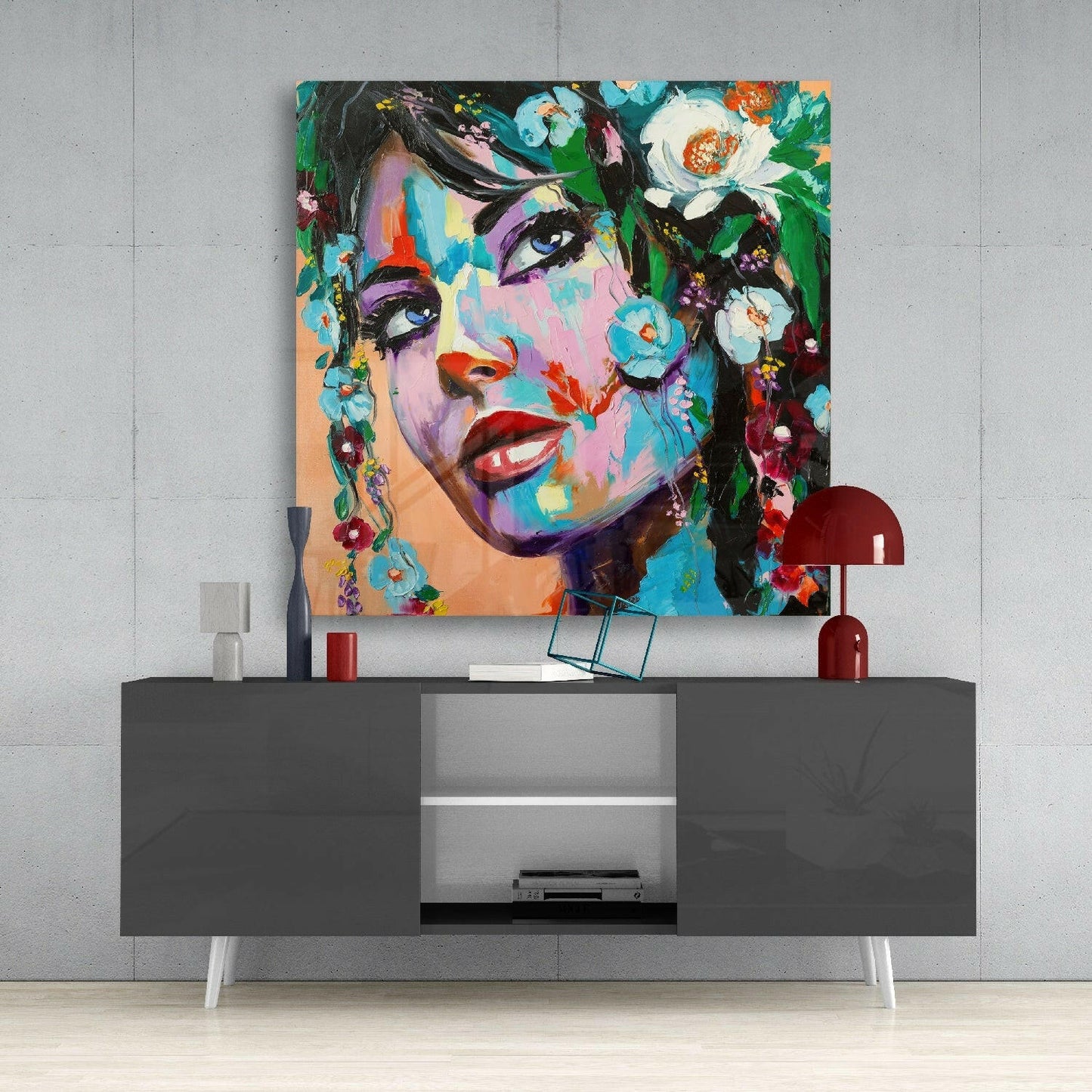 Turquoise Blossom Palette Knife Woman Glass Wall Art