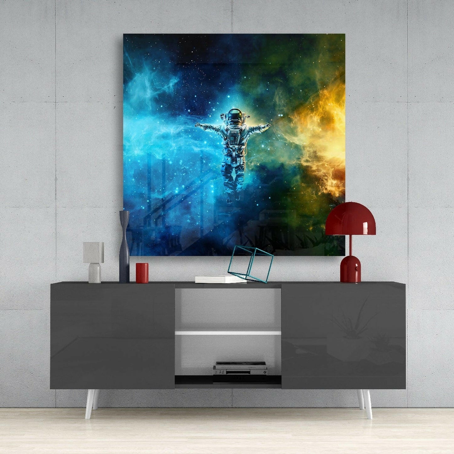 Astronaut Blue Gold Nebula Glass Wall Art