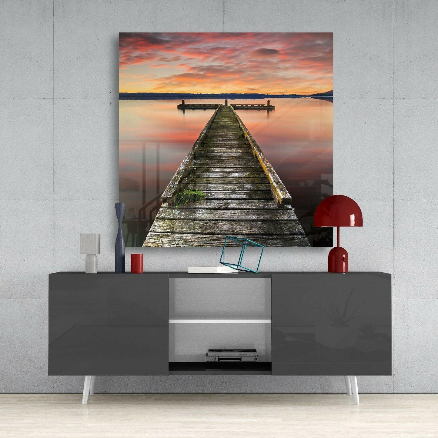 Fiery Red Sunset Weathered Dock Glass Wall Art