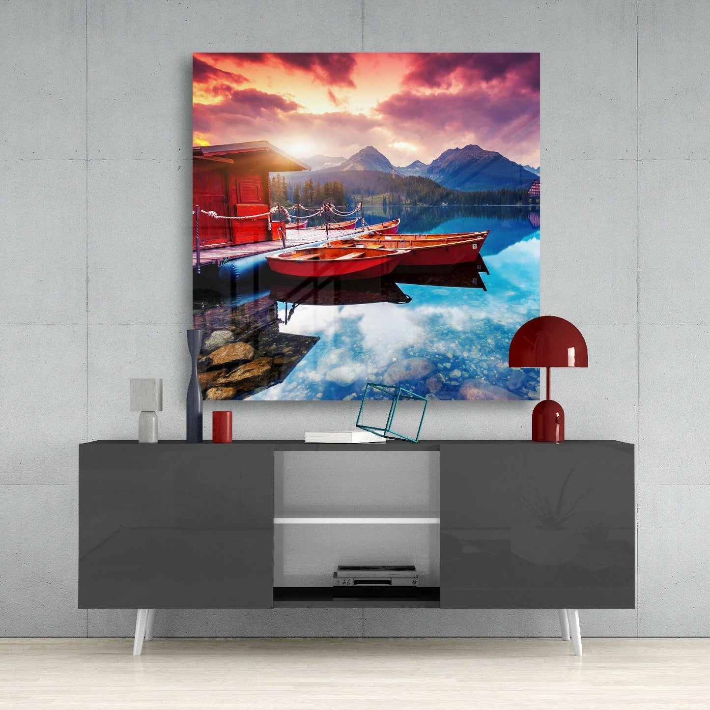 Red Boats Alpine Lake Fiery Sunset Glass Wall Art
