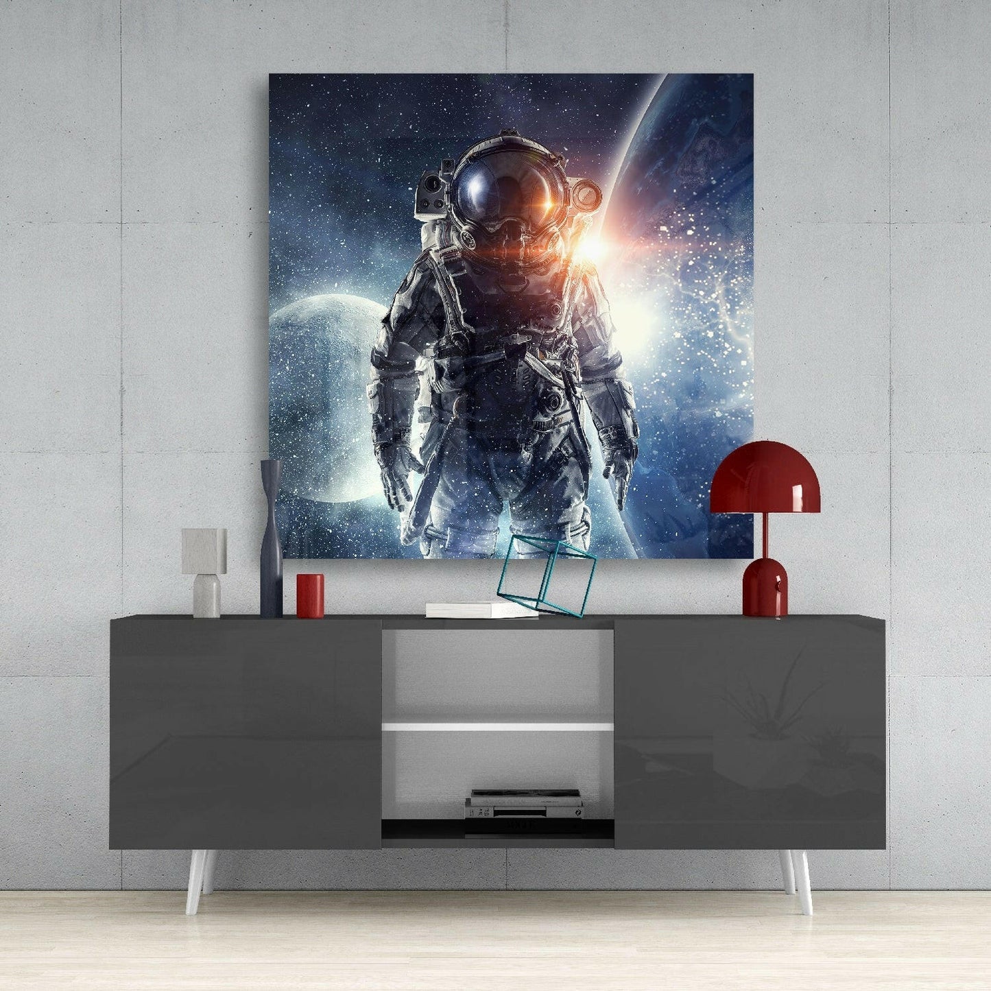 Moonlit Lens Flare Astronaut Glass Wall Art