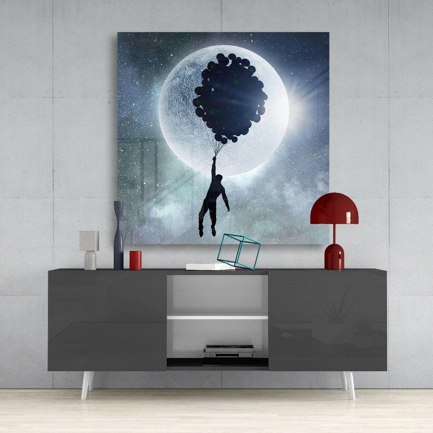 Man Flying With Balloon Cluster Moon Glass Wall Art