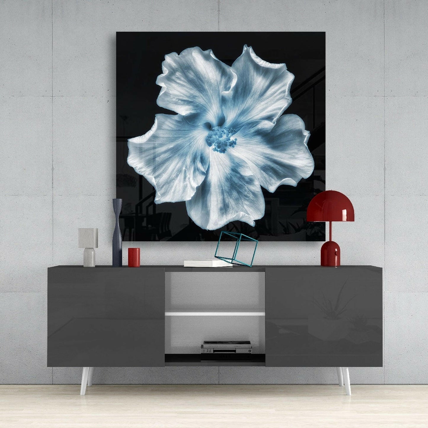 Icy Blue Hibiscus Glass Wall Art