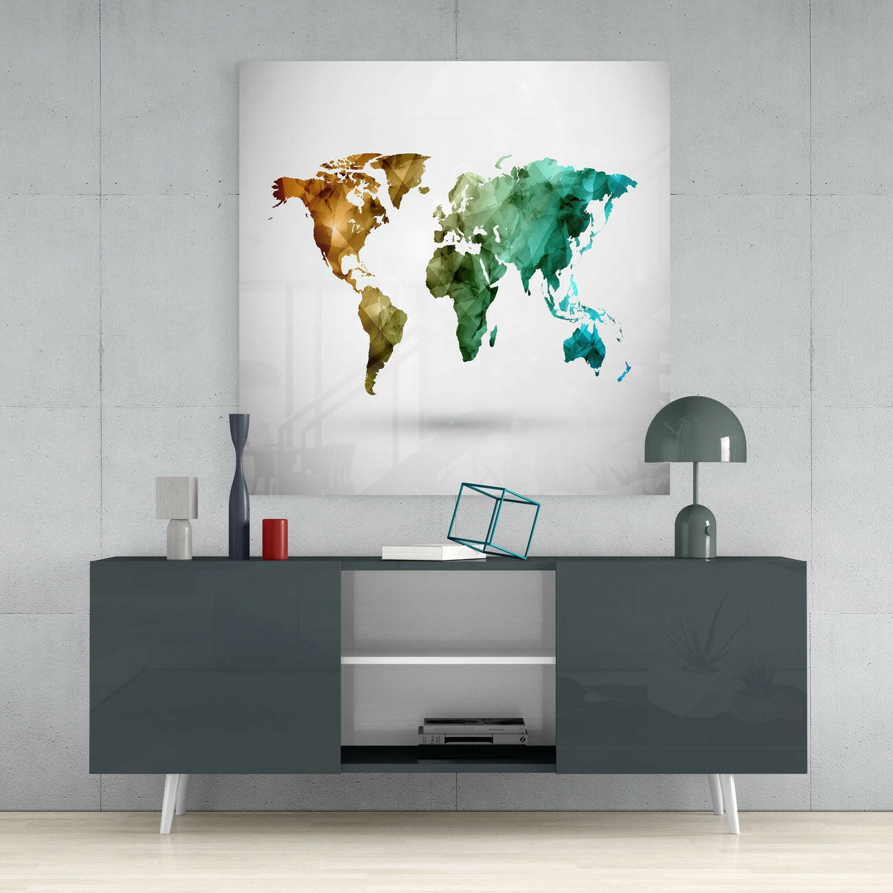 Low Poly Geometric World Map Glass Wall Art