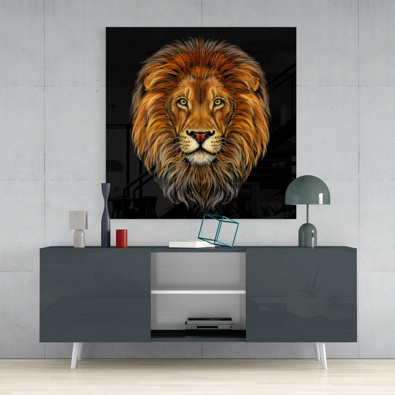 Golden Brown Lion Head Glass Wall Art