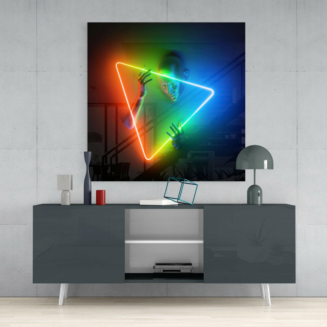 Rainbow Neon Inverted Triangle Figure Glass Wall Art