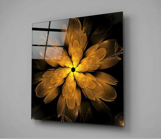 Golden fractal flower with layered petals radiating from black center on black background, mounted on wall with black grid overlay.