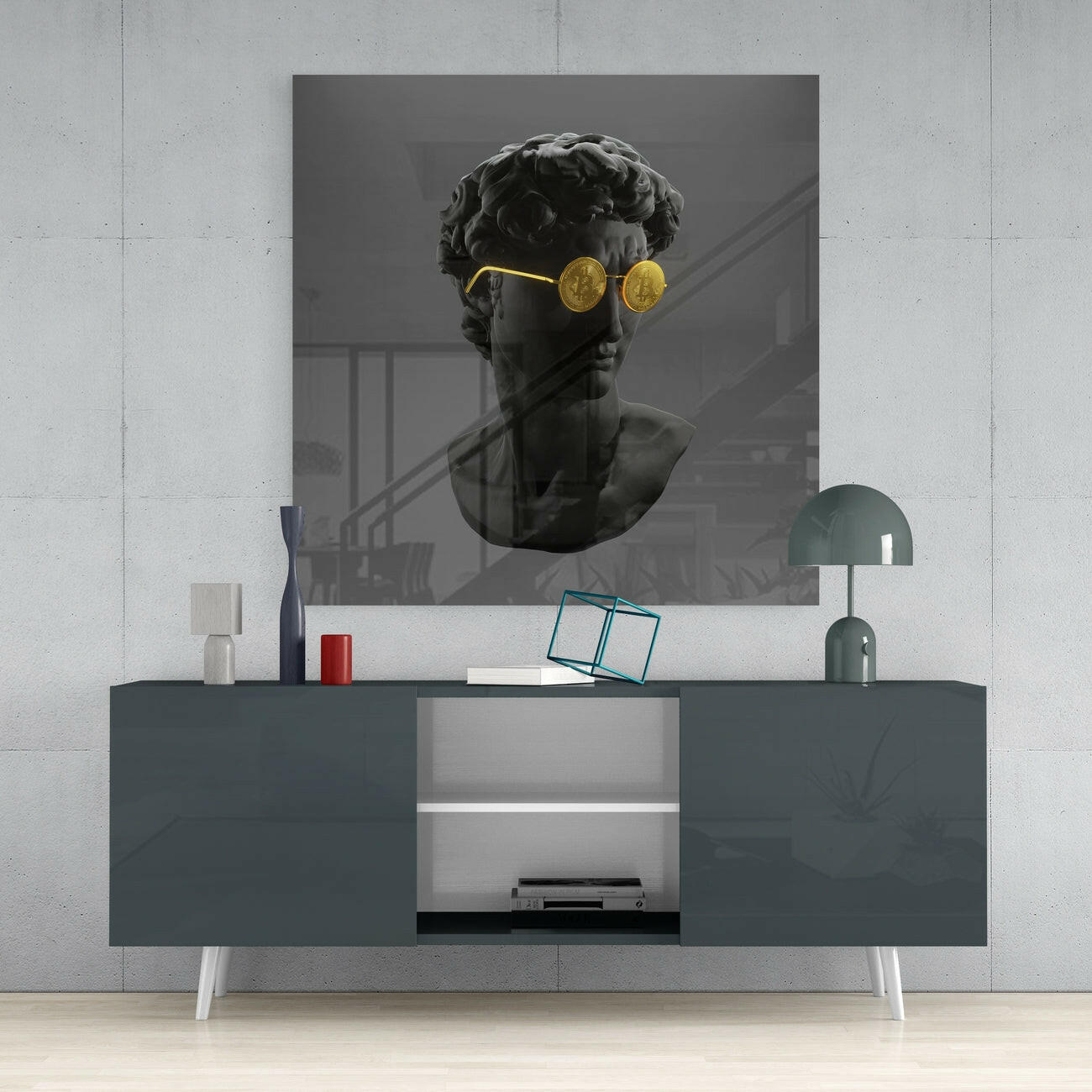 Bitcoin Sunglasses David Bust Glass Wall Art