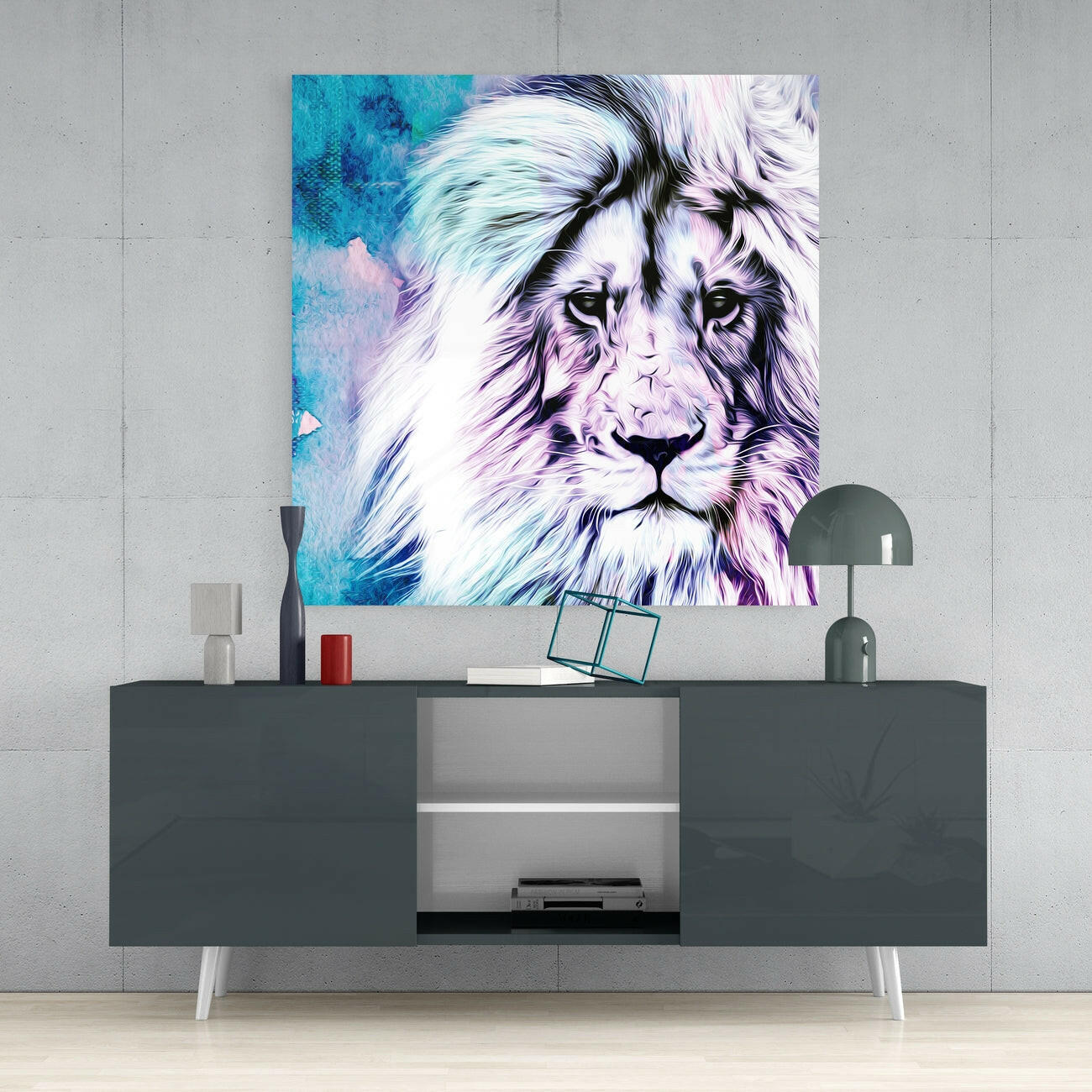 Turquoise Watercolor Lion Portrait Glass Wall Art