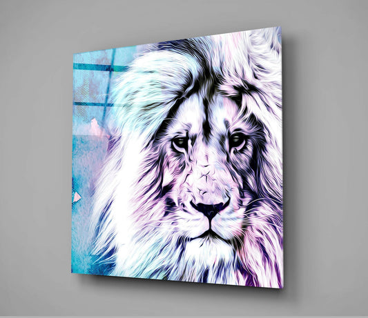 Angled perspective of glass wall art displaying a stylized lion's face in turquoise, purple, and white watercolor tones against gray background.