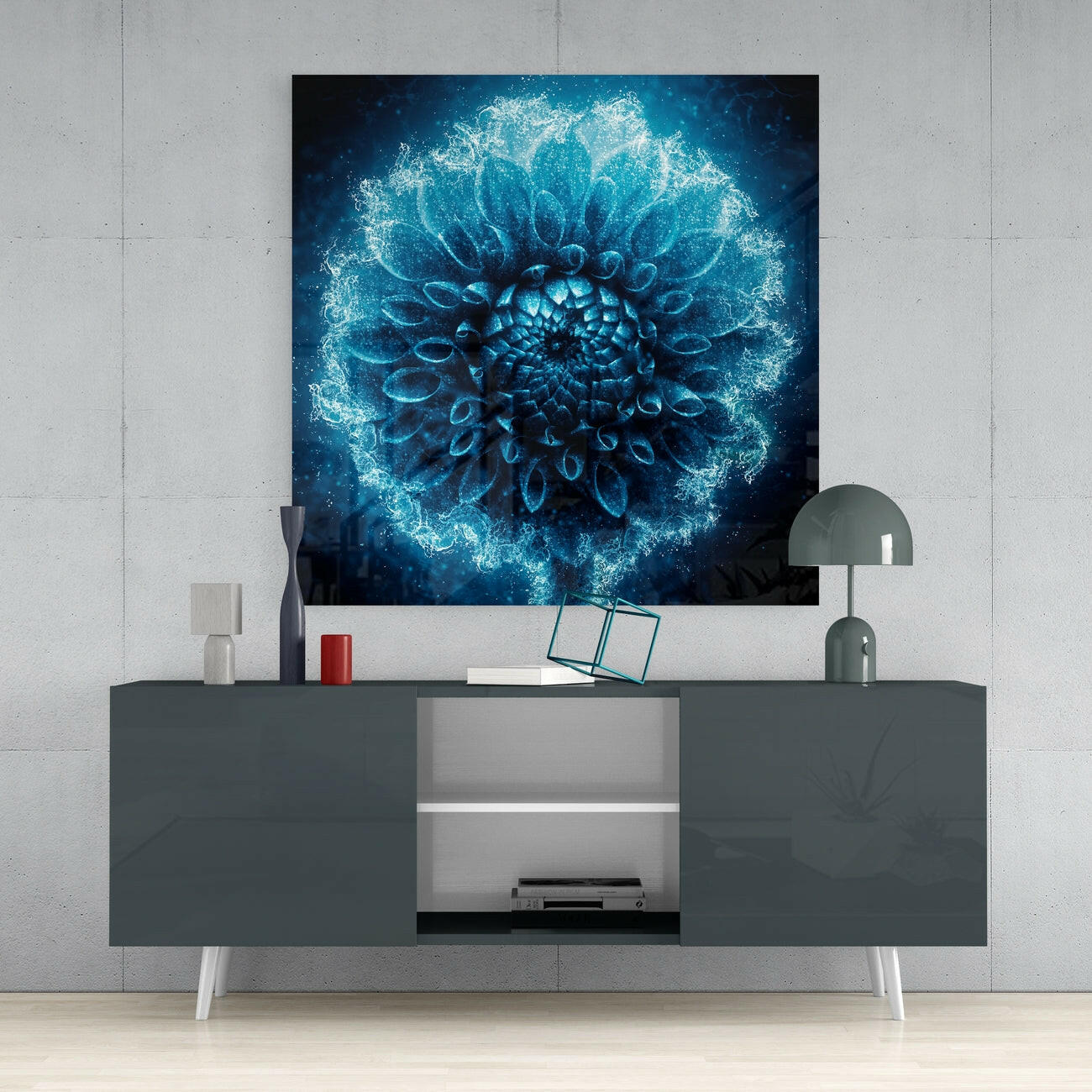 Frosted Blue Dahlia Glass Wall Art