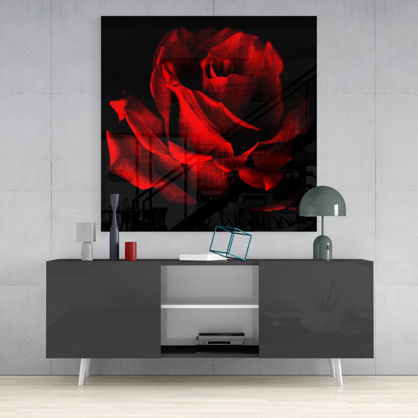 Crimson Rose Bloom on Black Glass Wall Art