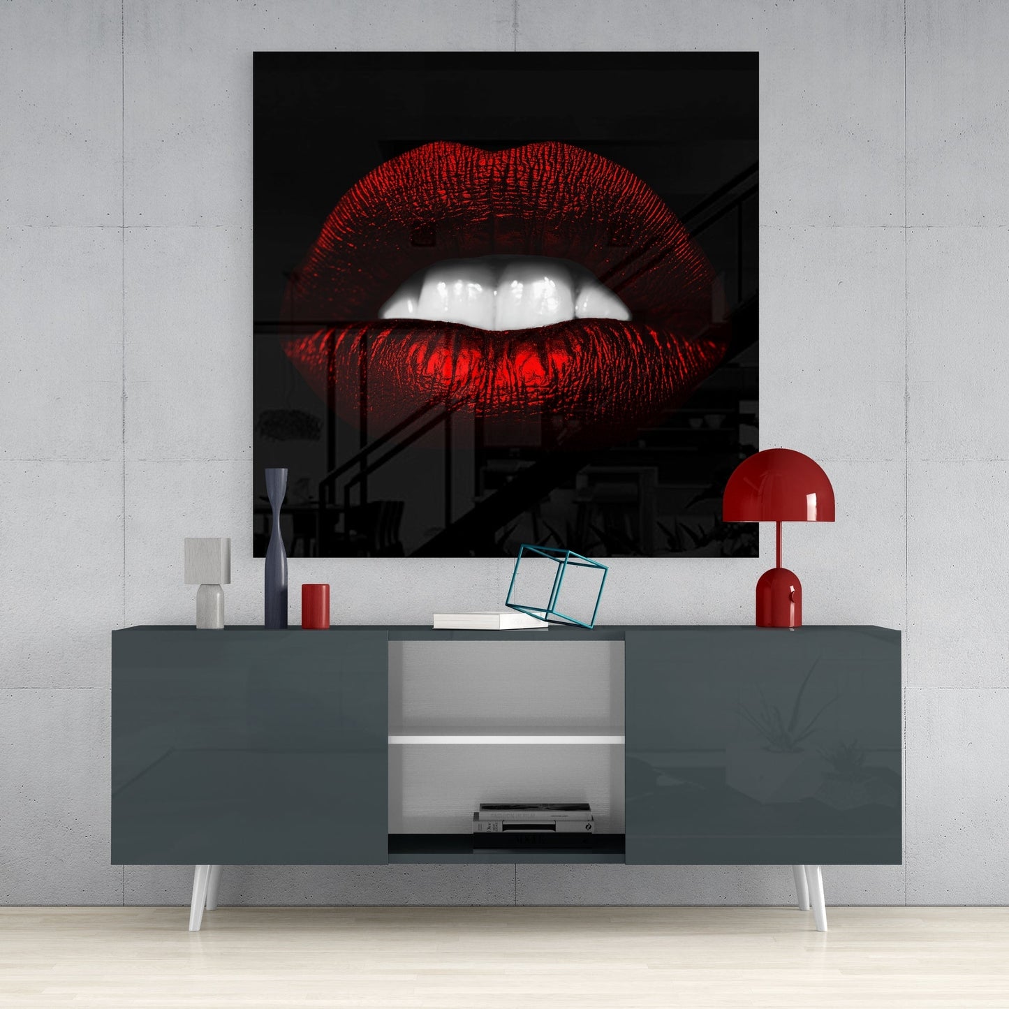 Glossy Red Lips White Teeth Glass Wall Art