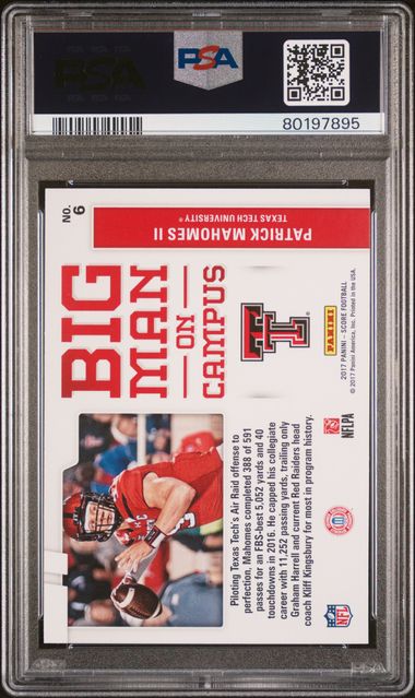 Reverse side of graded 2017 Panini Score Patrick Mahomes rookie card showing red text, player photo, and statistics on white background in PSA holder.