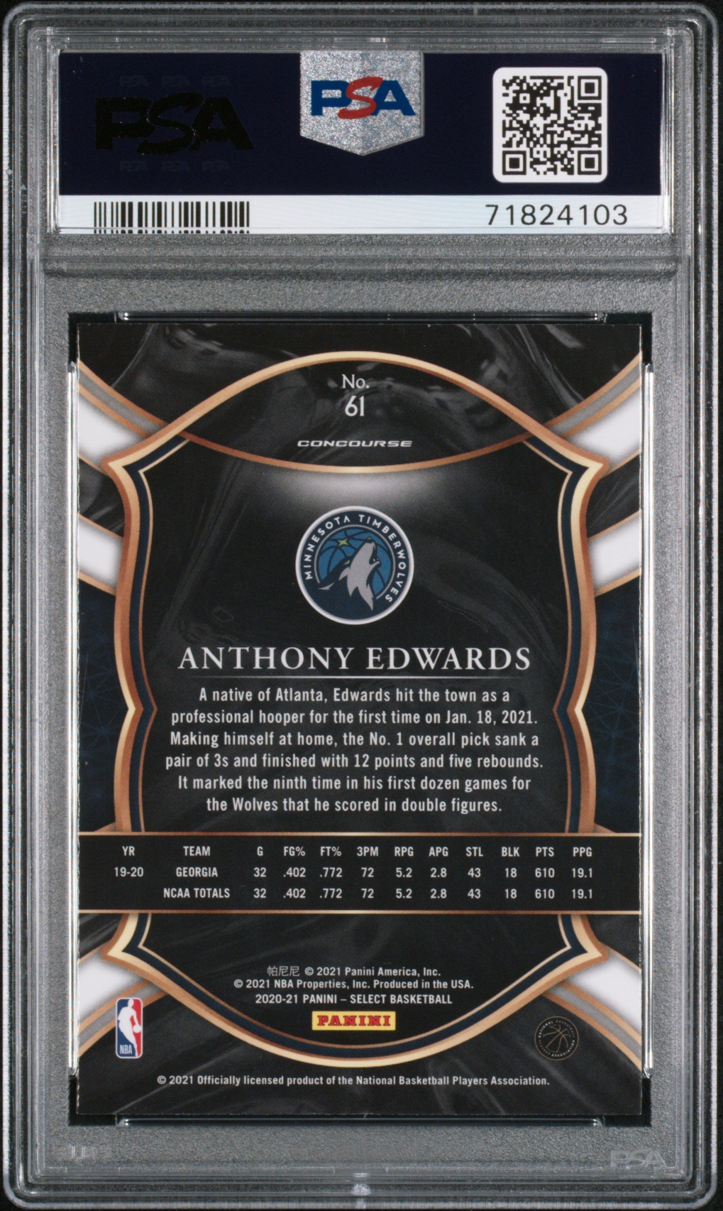 Graded 2020 Panini Select Anthony Edwards #61 Rookie RC Basketball Card PSA 10 Gem Mint | PSA 10 Gem Mint Graded Rookie Card | vintageantiquesgifts.com