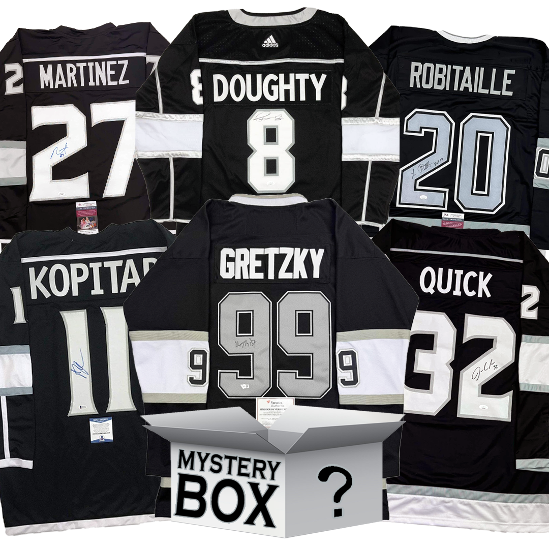 Collection of six black Adidas hockey jerseys with white stripes displaying signed player names and numbers, arranged around a white mystery box.