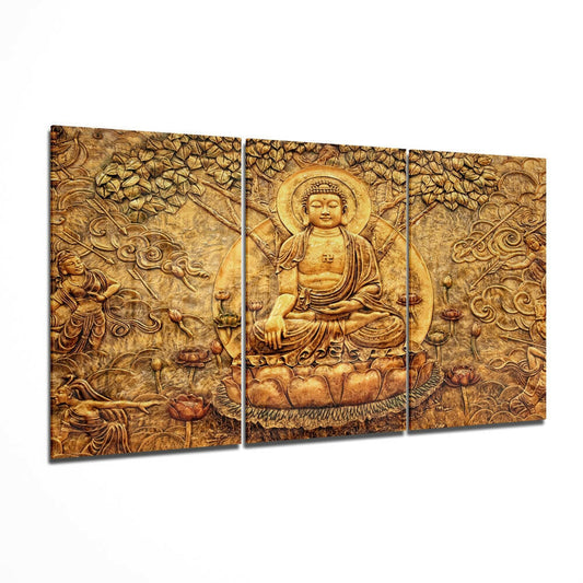 Three-panel triptych display of gold-embossed Buddha seated on lotus with ornate carved relief detailing and halo, flanked by decorative foliage.
