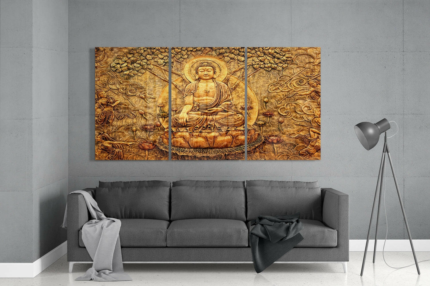 Carved Gold Buddha Lotus Relief Glass Wall Art