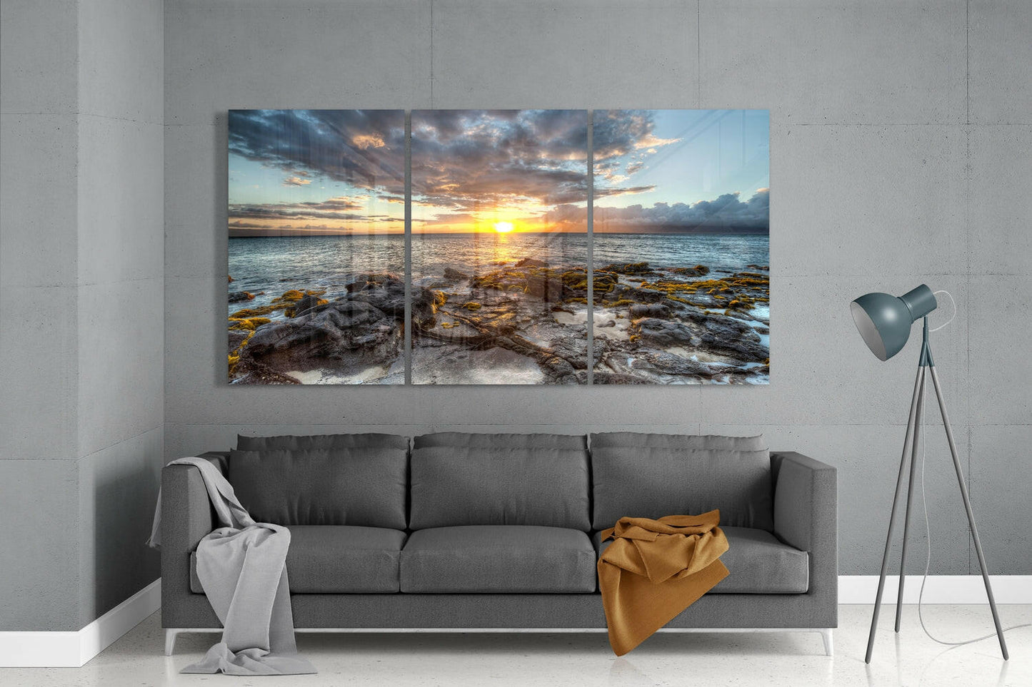 Mossy Rocky Shore At Sunset Glass Wall Art