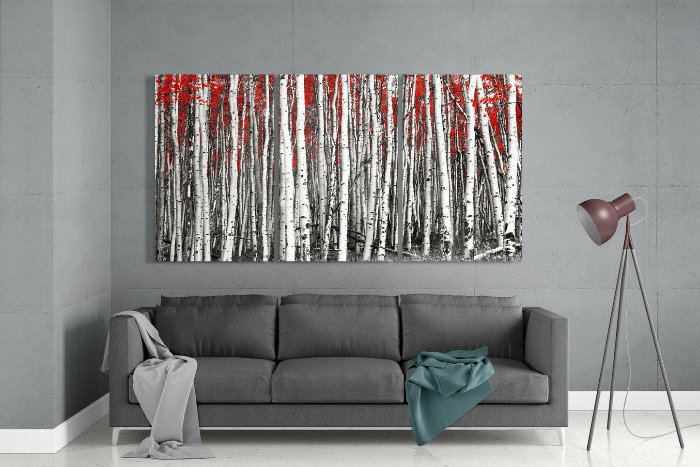 Triptych White Birch Grove Red Canopy Glass Wall Art