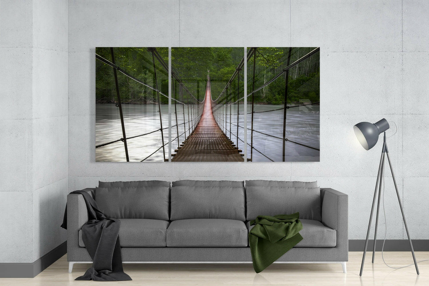 Red Rope Bridge Over River Glass Wall Art