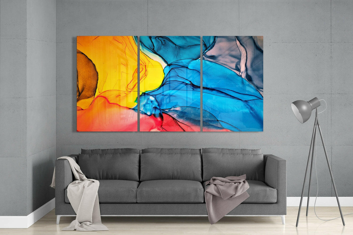 Amber And Cobalt Ink Flow Abstract Glass Wall Art