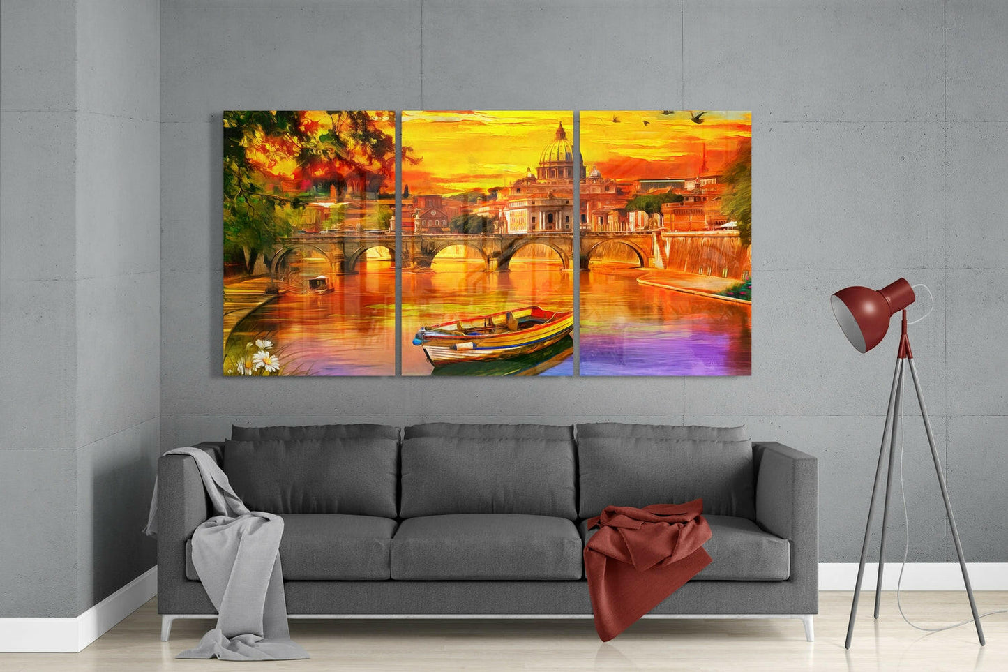 Riverside City Sunset Triptych Glass Wall Art