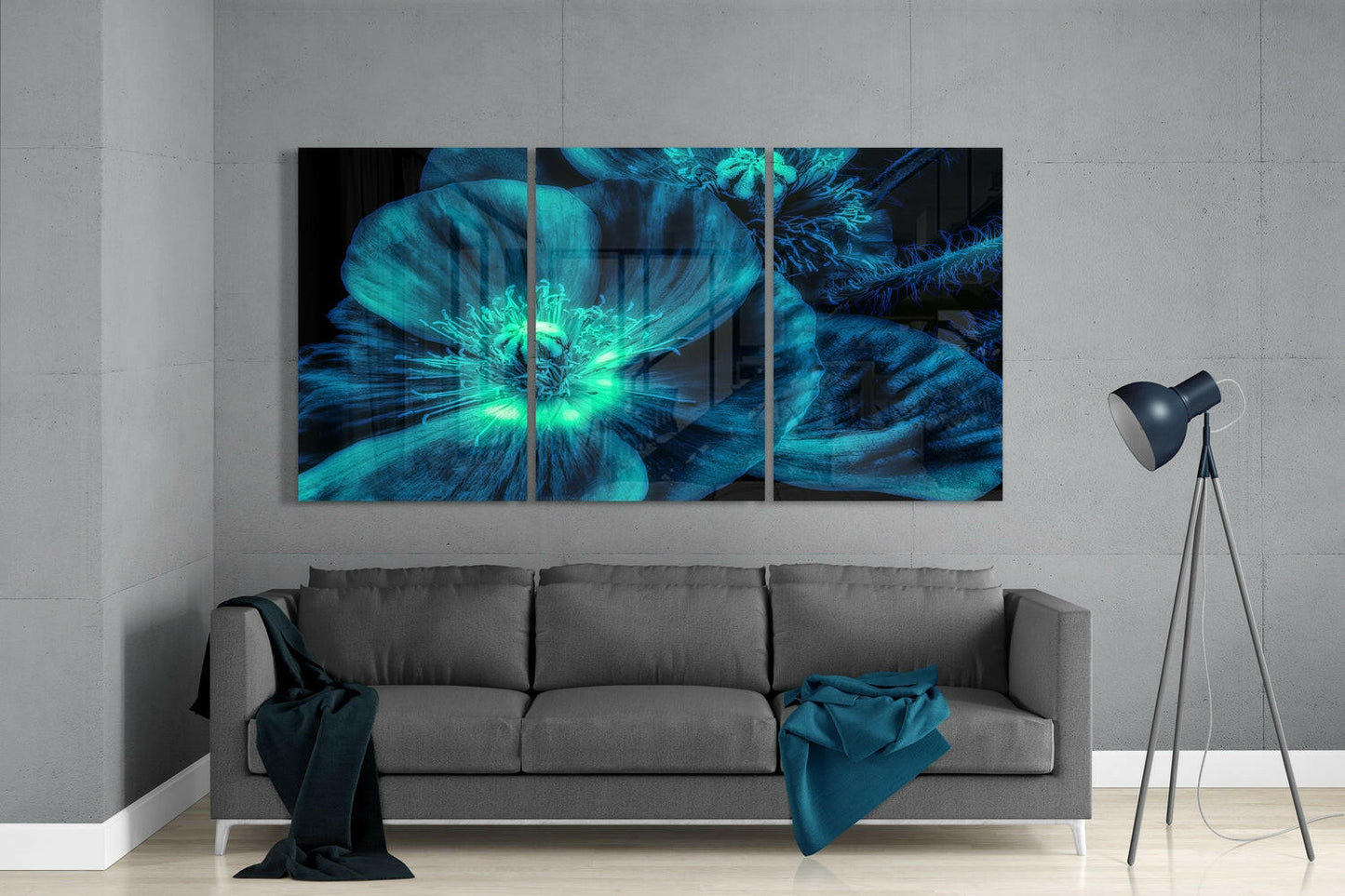 Glowing Turquoise Poppy Close Up Glass Wall Art