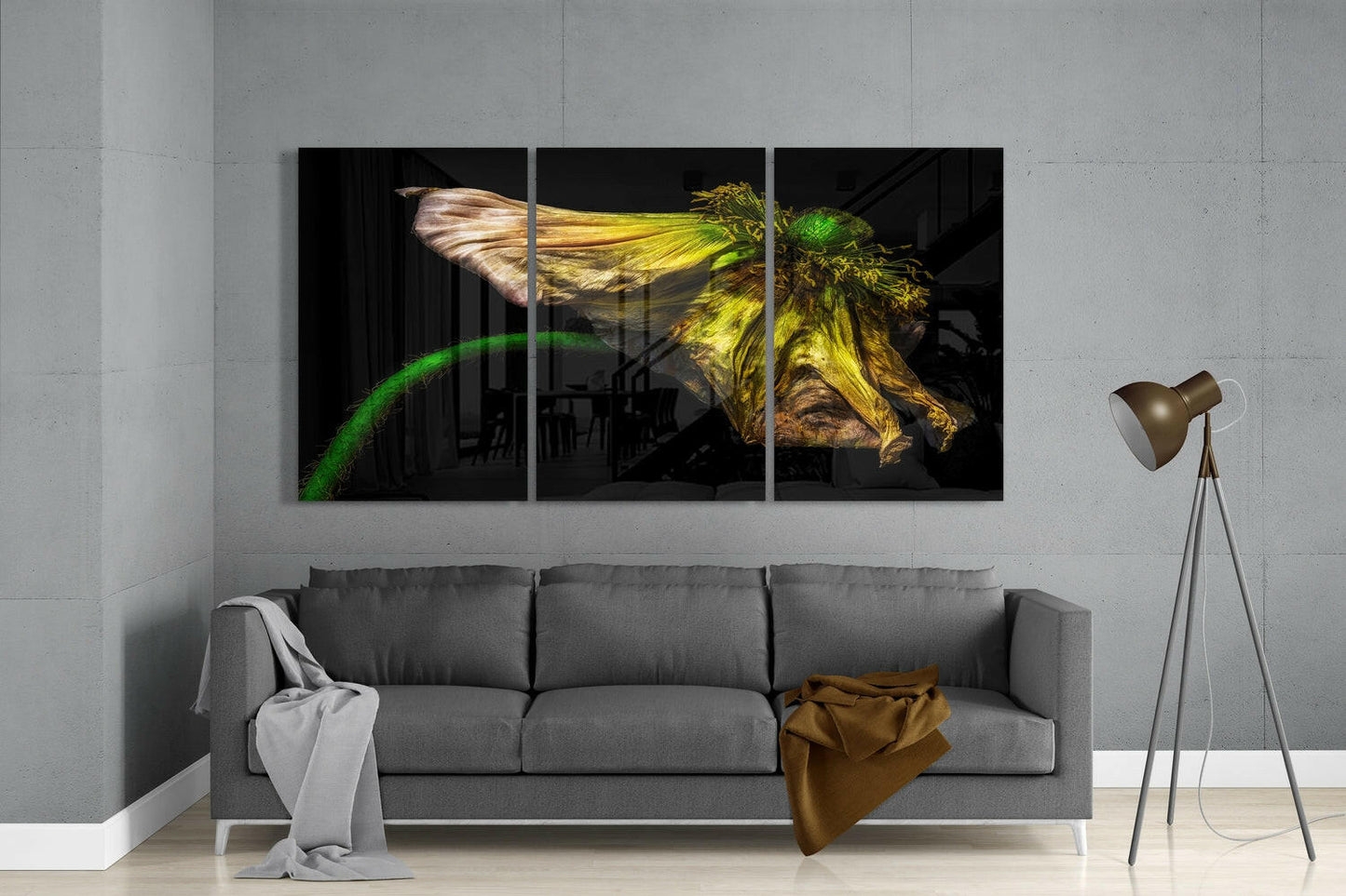 Wilting Yellow Poppy On Black Glass Wall Art