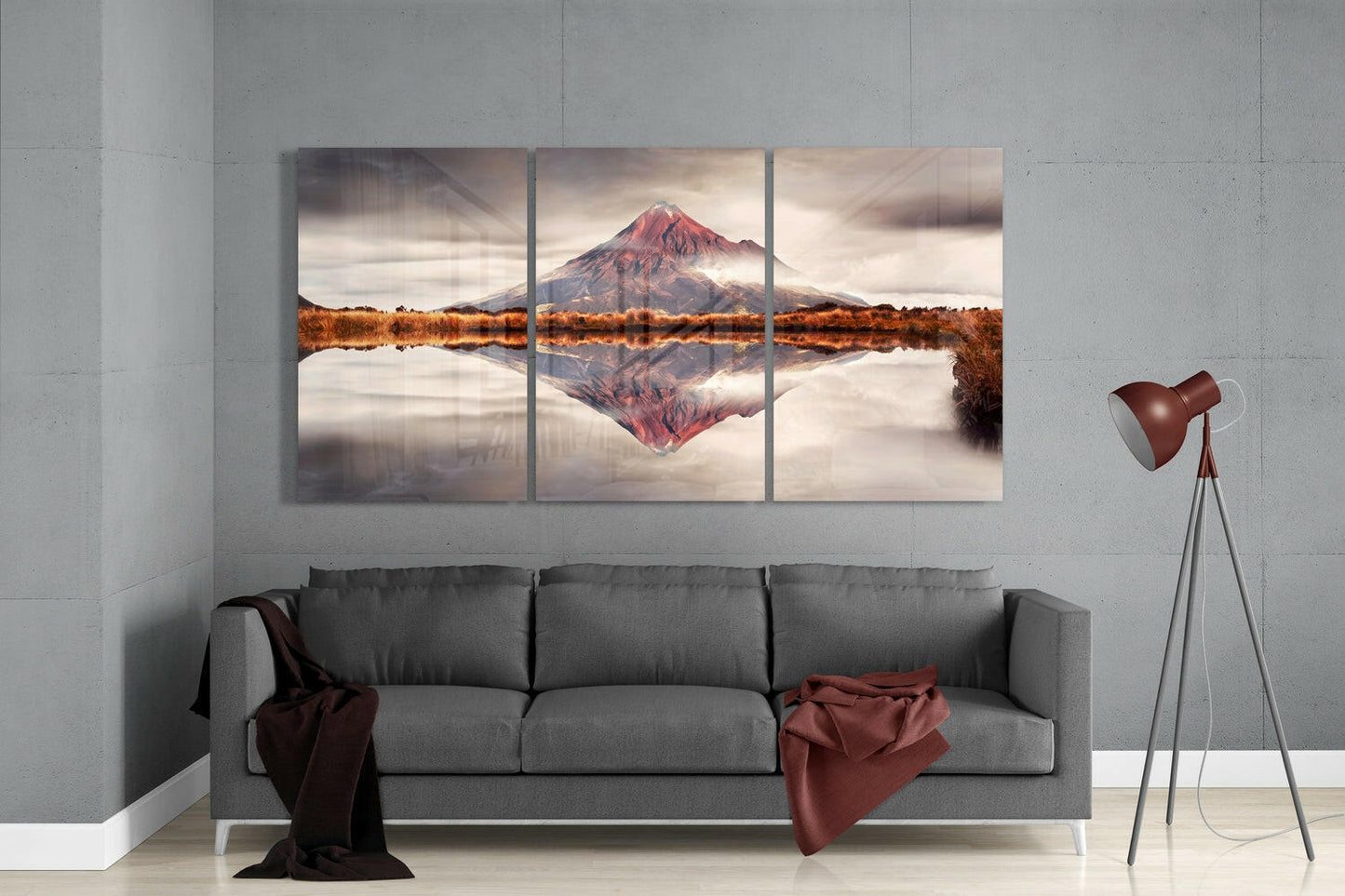 Triptych Volcano Reflection Cloudy Sky Glass Wall Art