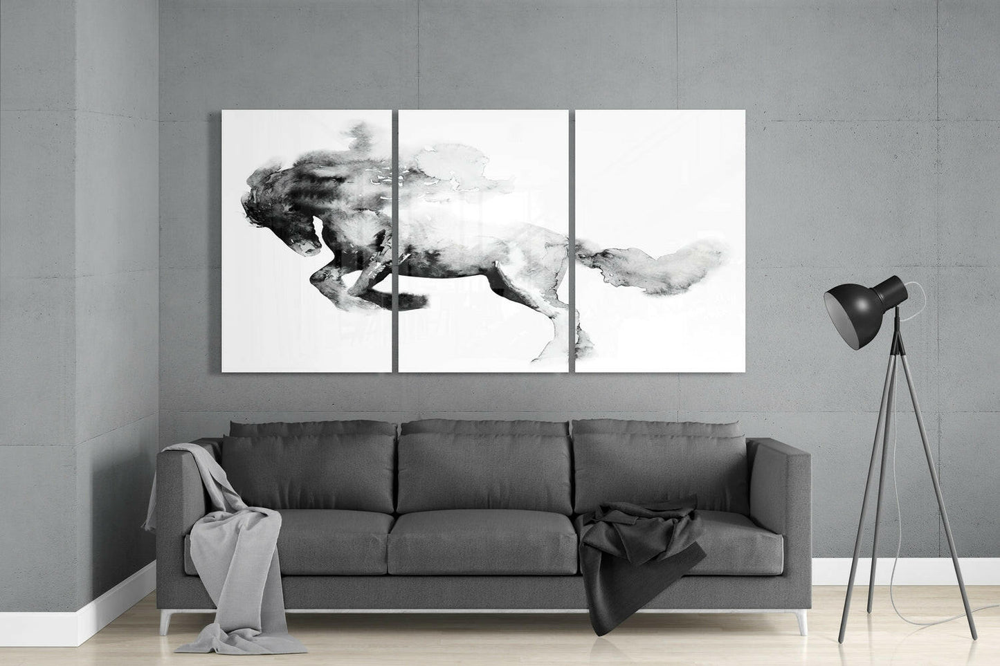 Ink Wash Horse Triptych Glass Wall Art