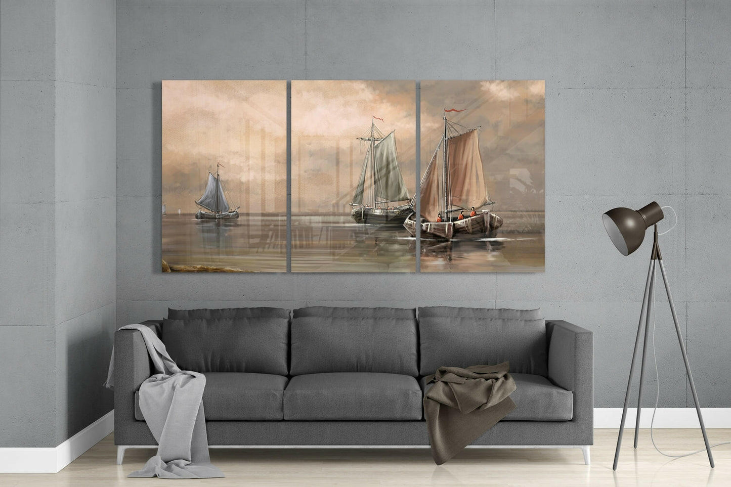 Sepia Mist Sailing Boats At Anchor Glass Wall Art
