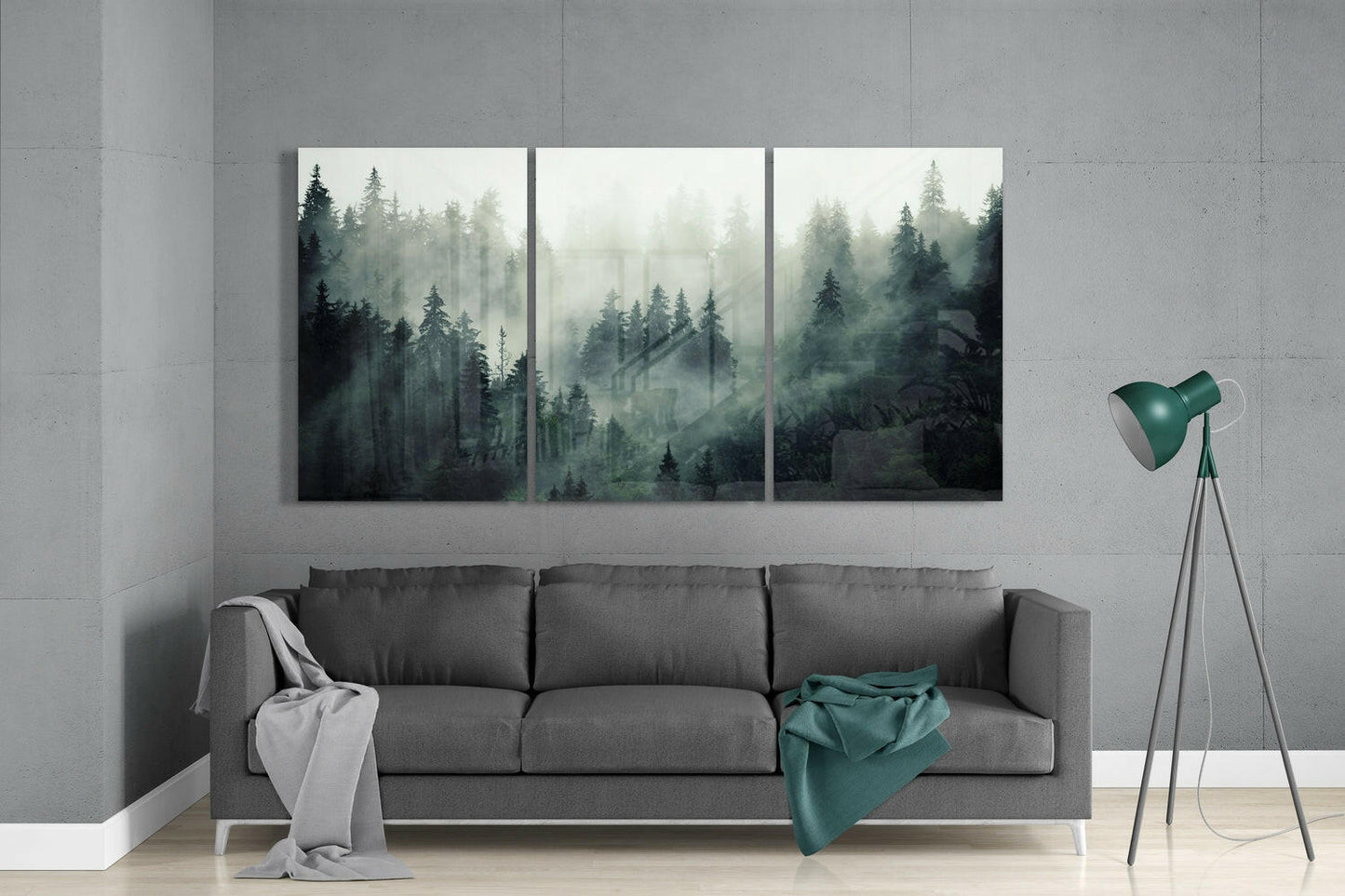 Triptych Misty Pine Treetops Glass Wall Art