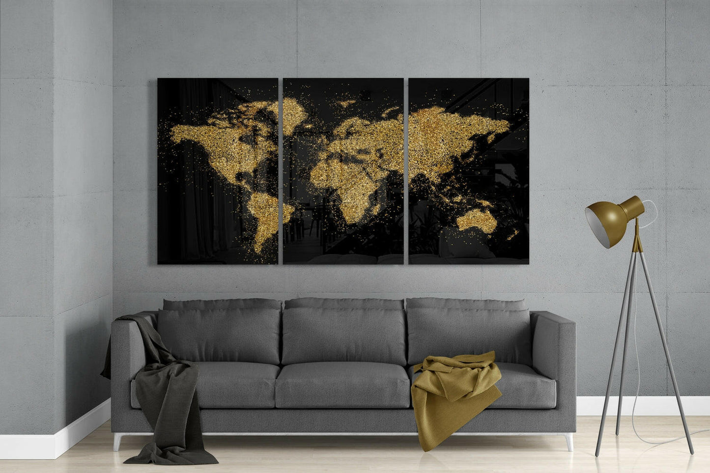 Gold Glitter World Map Glass Wall Art