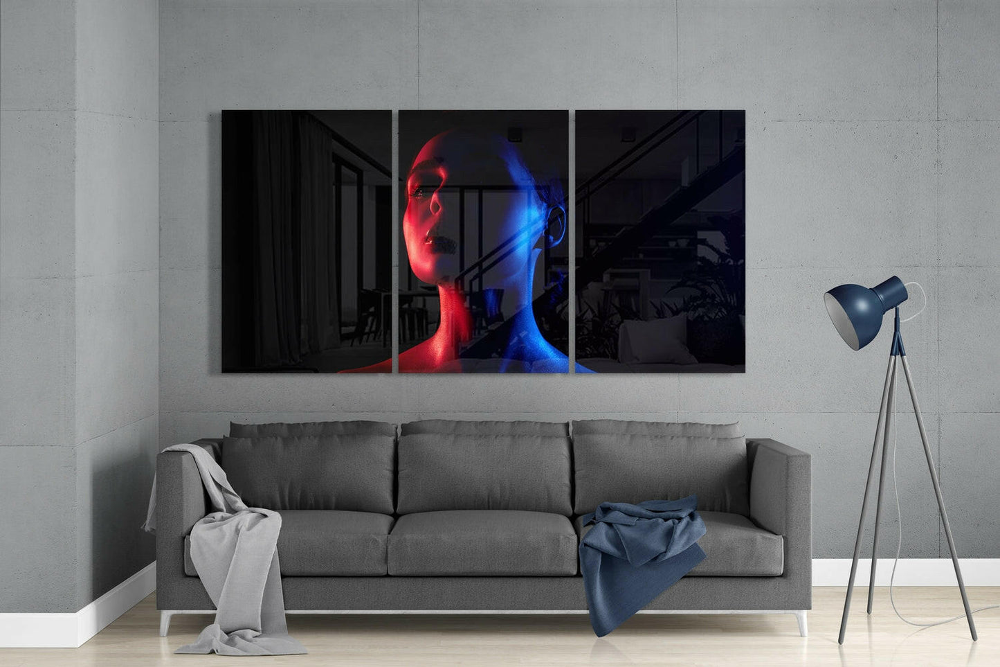Split Red Blue Face Glass Wall Art