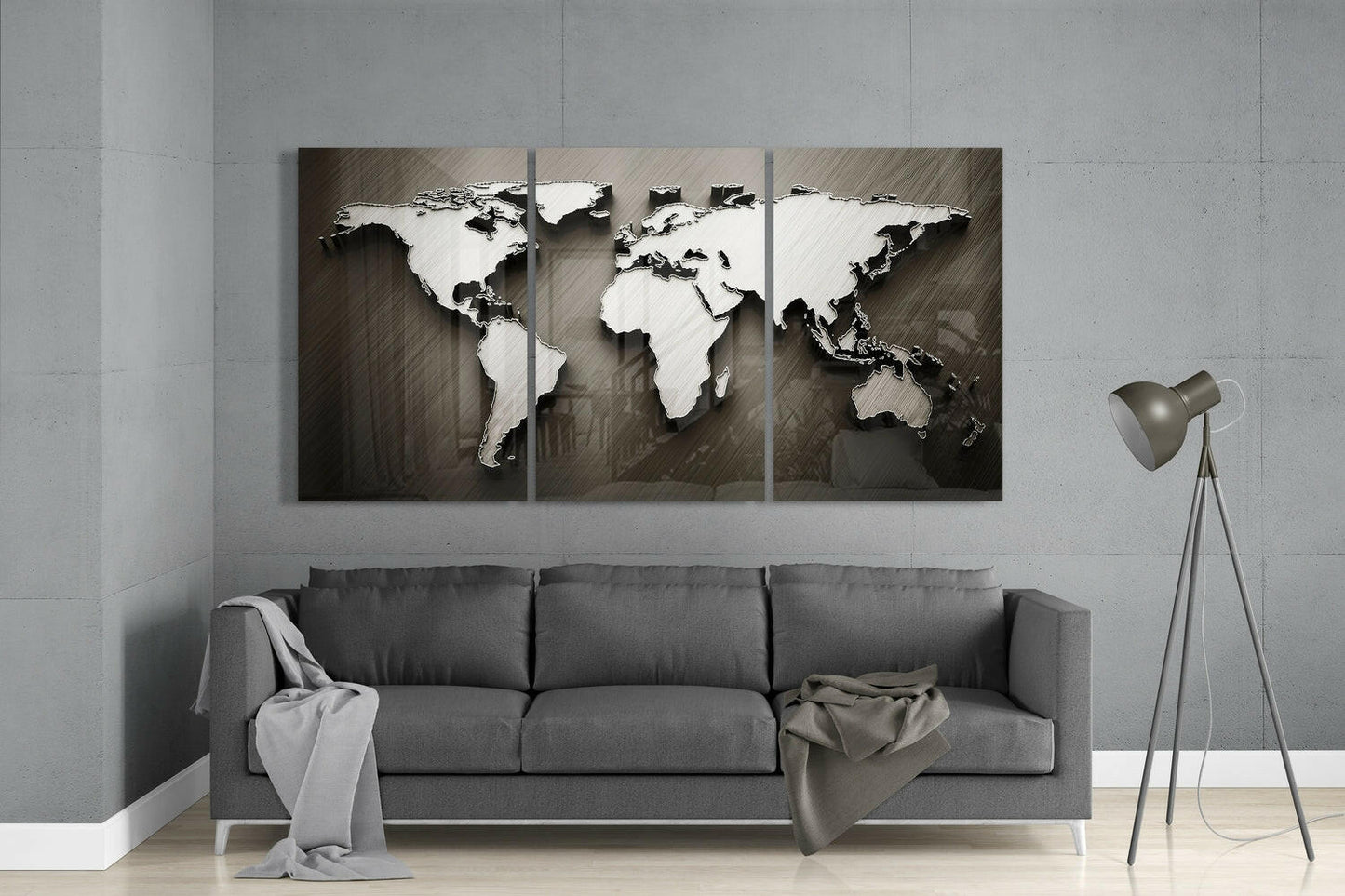 Embossed Bronze World Map Glass Wall Art