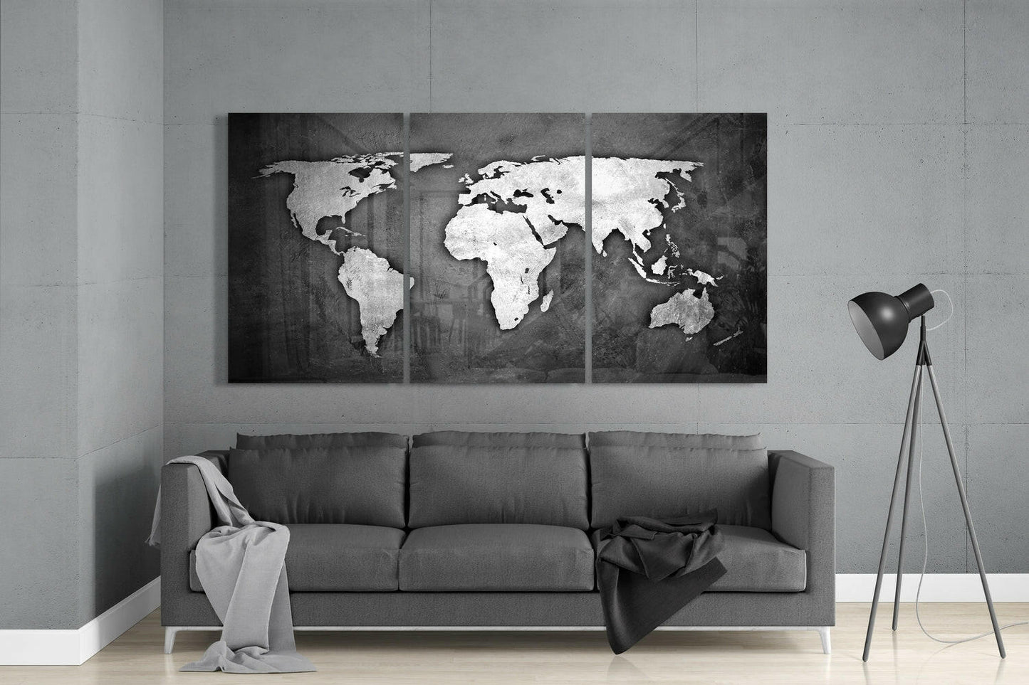 Concrete Textured World Map Glass Wall Art