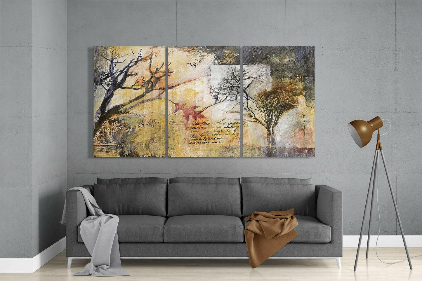 Vintage Script Collage Bare Trees Glass Wall Art