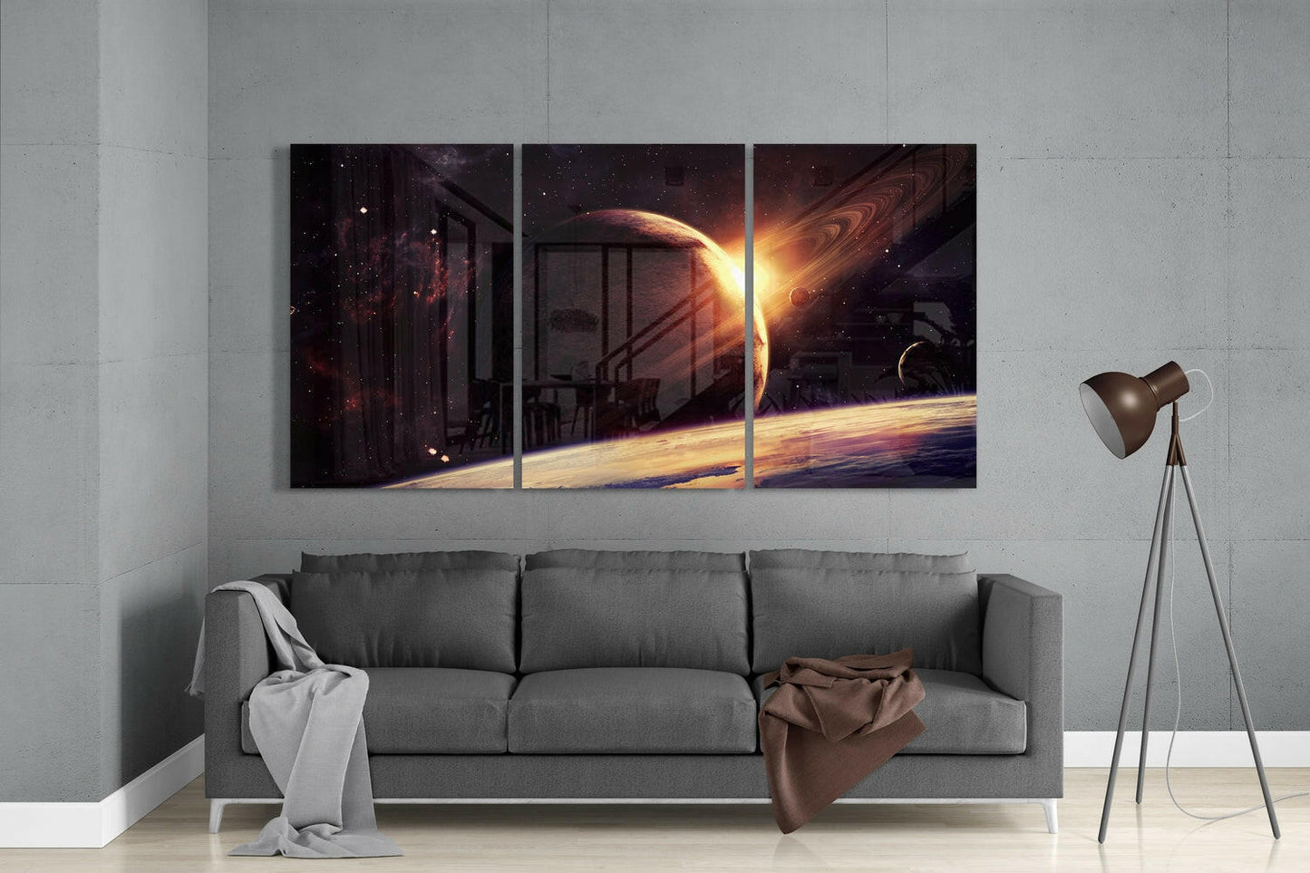 Sunrise Behind Ringed Planet Triptych Glass Wall Art
