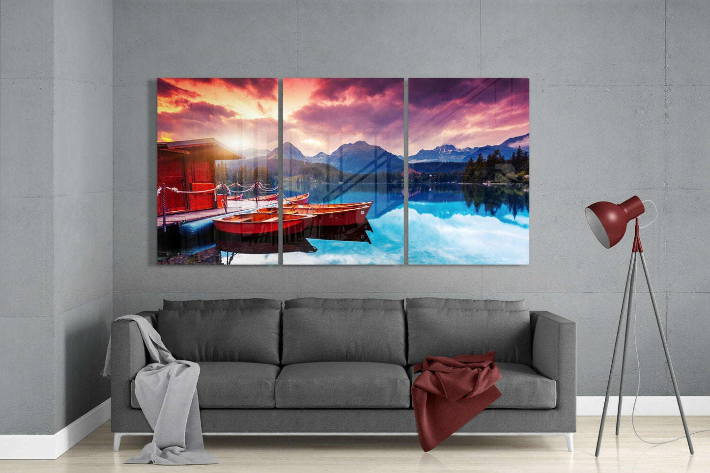 Twilight Alpine Lake Boats Glass Wall Art
