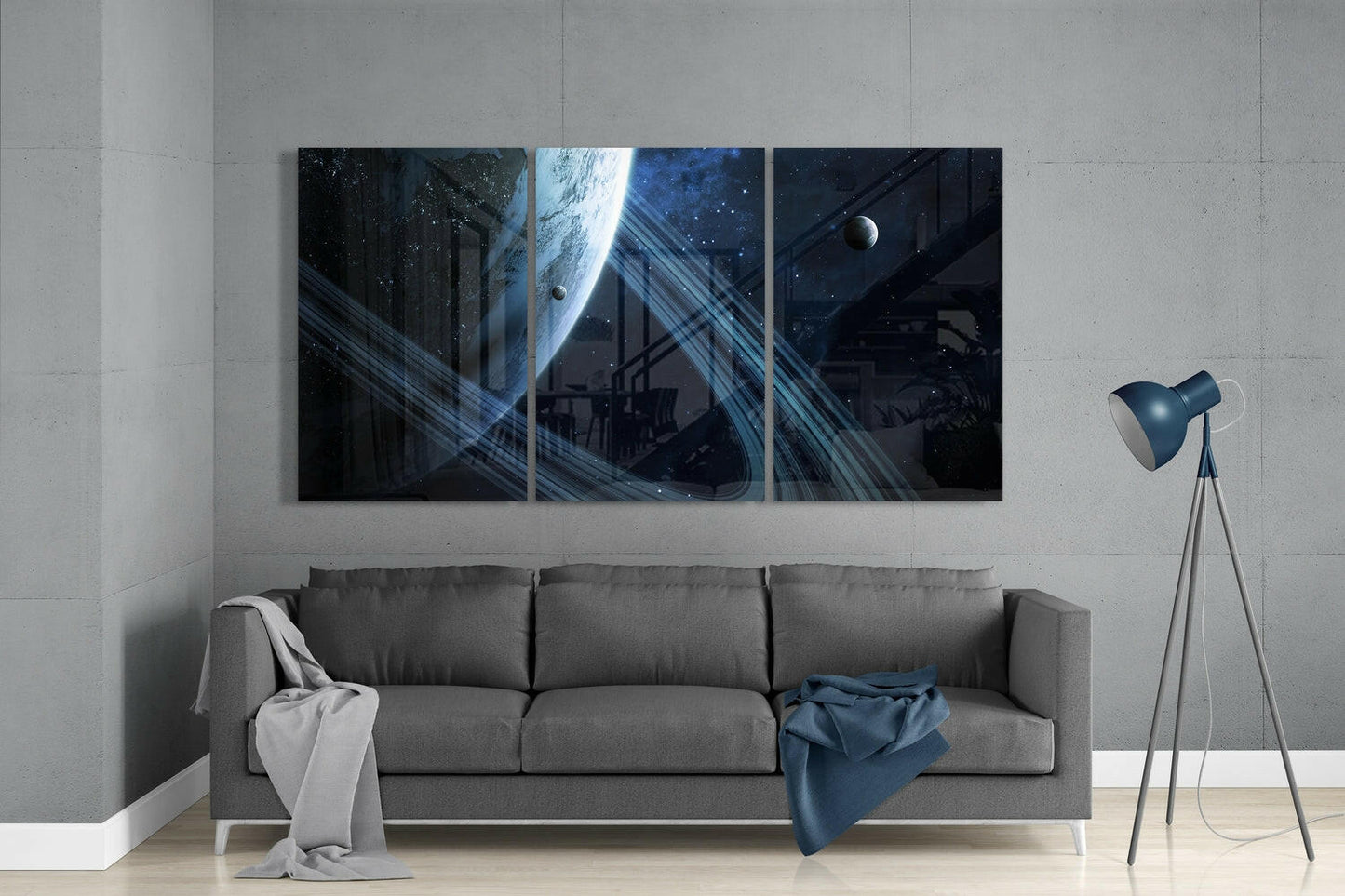 Triptych Blue Ringed Planet and Moons Glass Wall Art