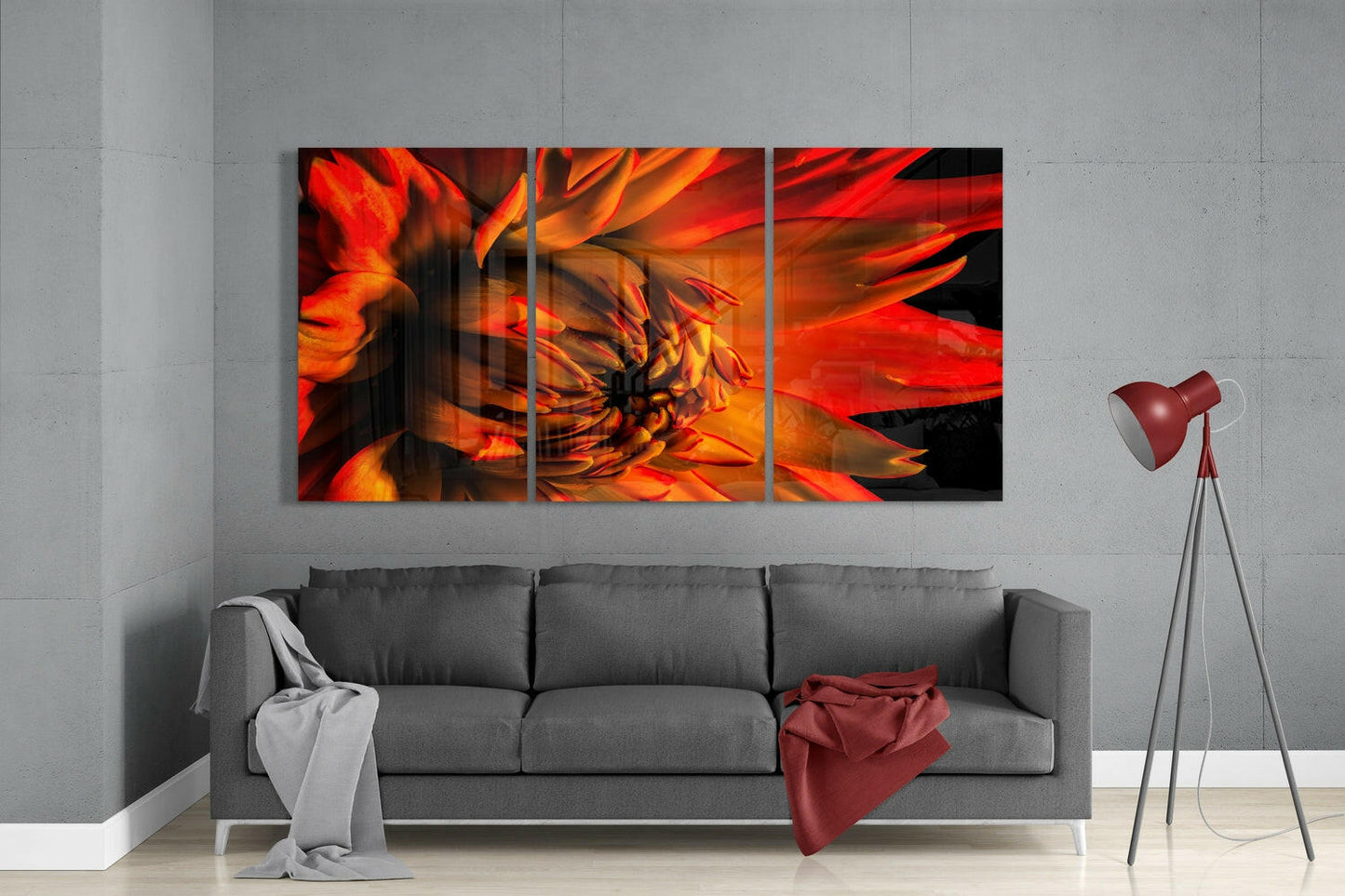 Fiery Orange Dahlia Triptych Glass Wall Art