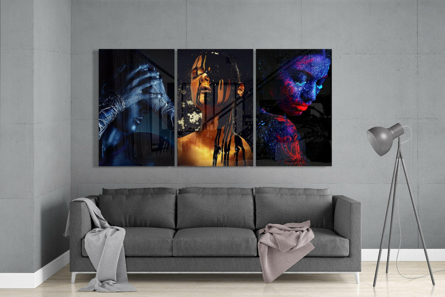 Neon Body Paint Portrait Trio Glass Wall Art