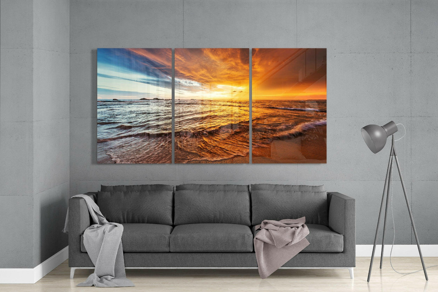 Golden Sunset Beach Waves Glass Wall Art