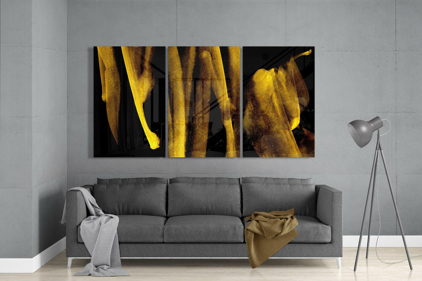 Vertical Gold Drip Streaks on Black Glass Art