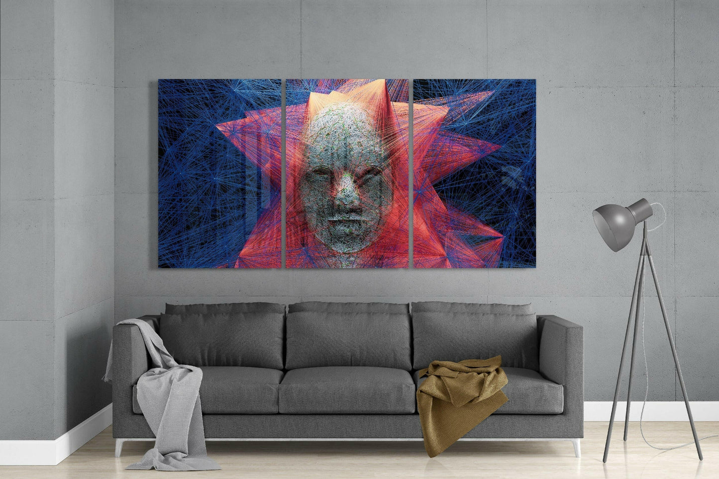 Red And Blue String Art Face Glass Wall Art