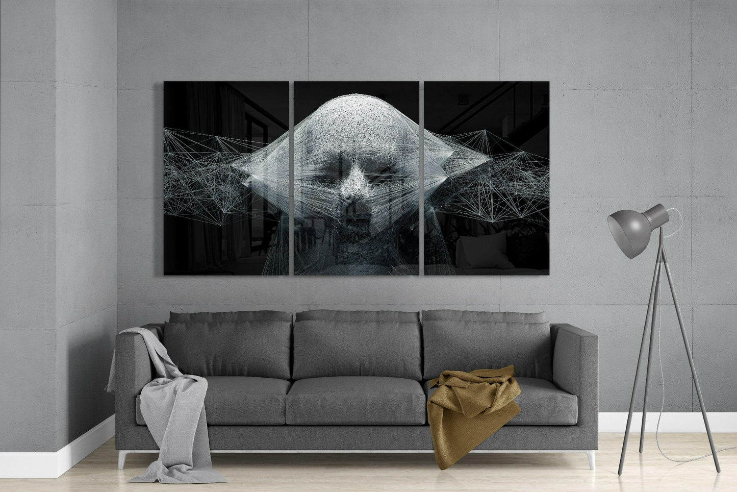 White String Art Face On Black Glass Wall Art